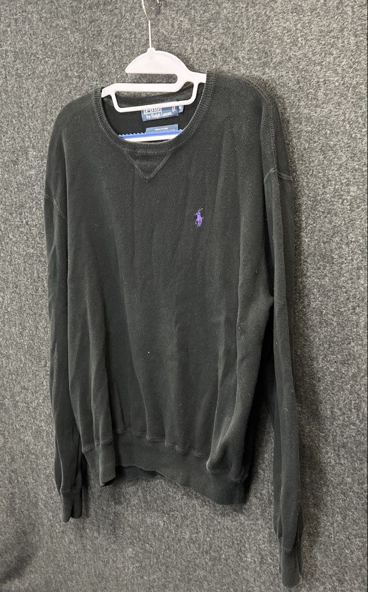 Vintage 90s Polo Ralph Lauren Black Cotton Crewneck Sweater Purple Pony Sz M