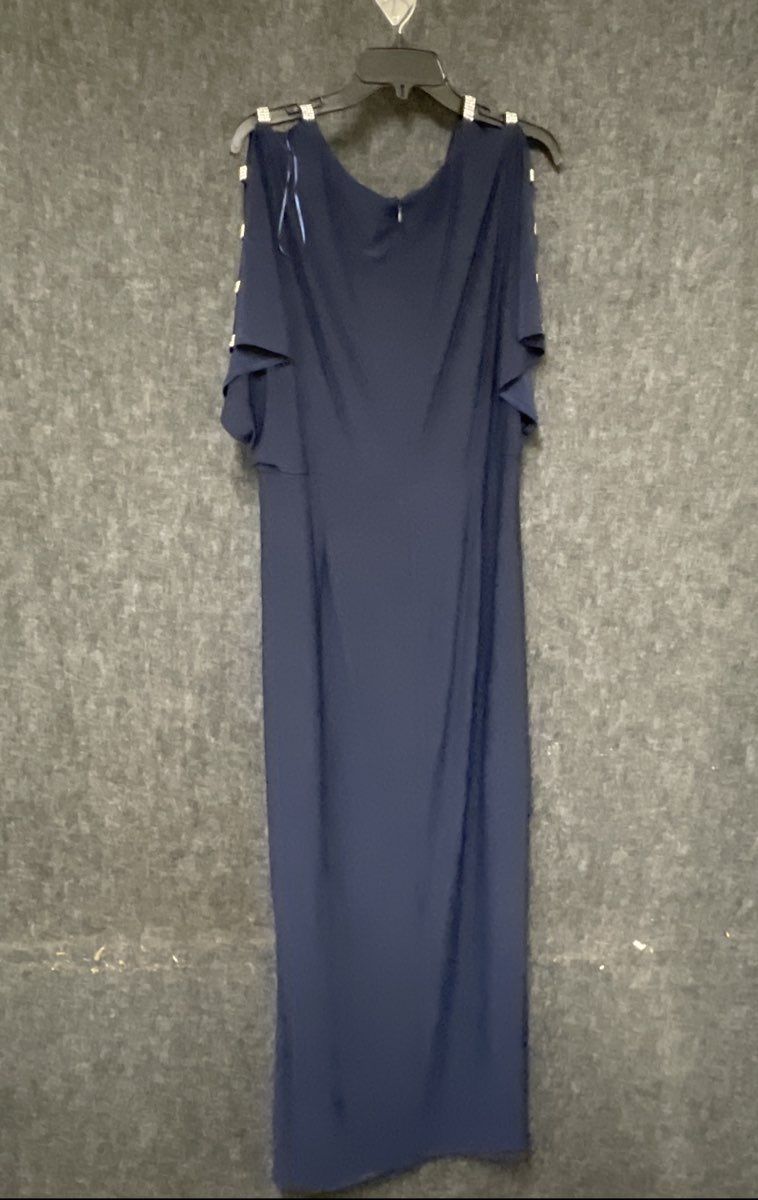 Alex Evenings Women's Navy Blue Rhinestone Cold Shoulder Surplice Gown Dress 16