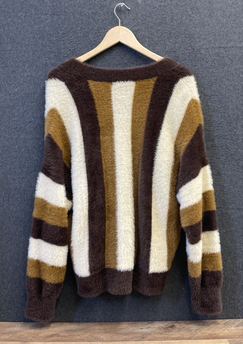 Industry Women's Brown Multicolor Fuzzy Striped Eyelash Knit Cardigan Sz L