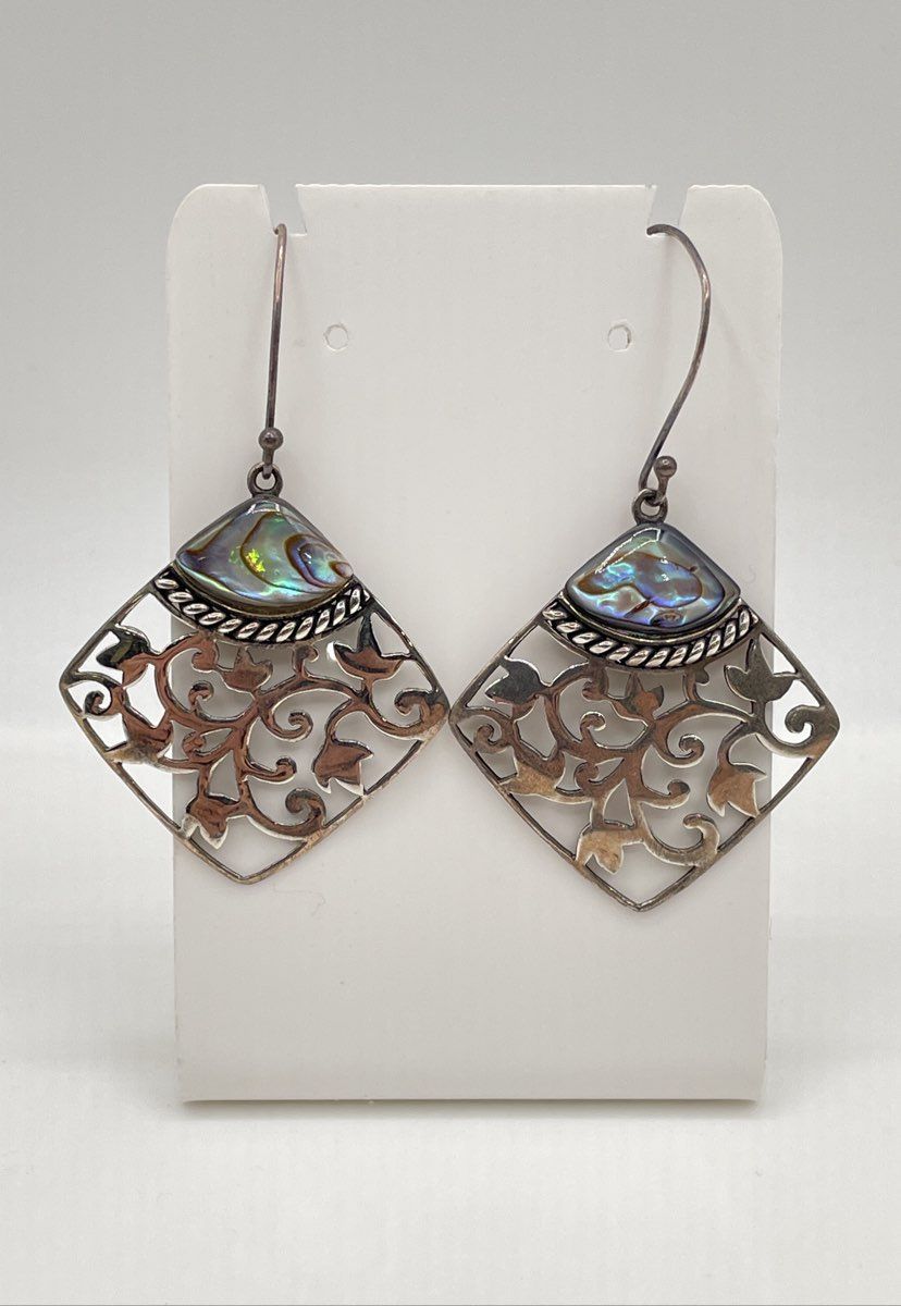 CFJ 925 Sterling Silver Abalone Filigree Dangle Earrings 5.2g