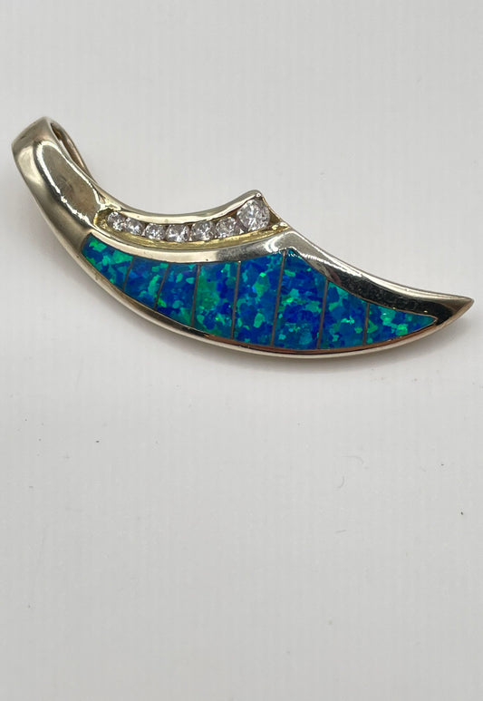 925 Sterling Silver Gold Tone Blue Opal Inlay CZ Accent Pendant 5.7g