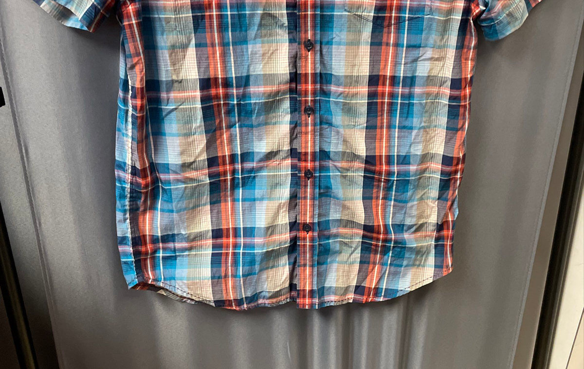 Prana Men's Blue Orange Plaid Short Sleeve Button Down Cotton Shirt Sz Medium