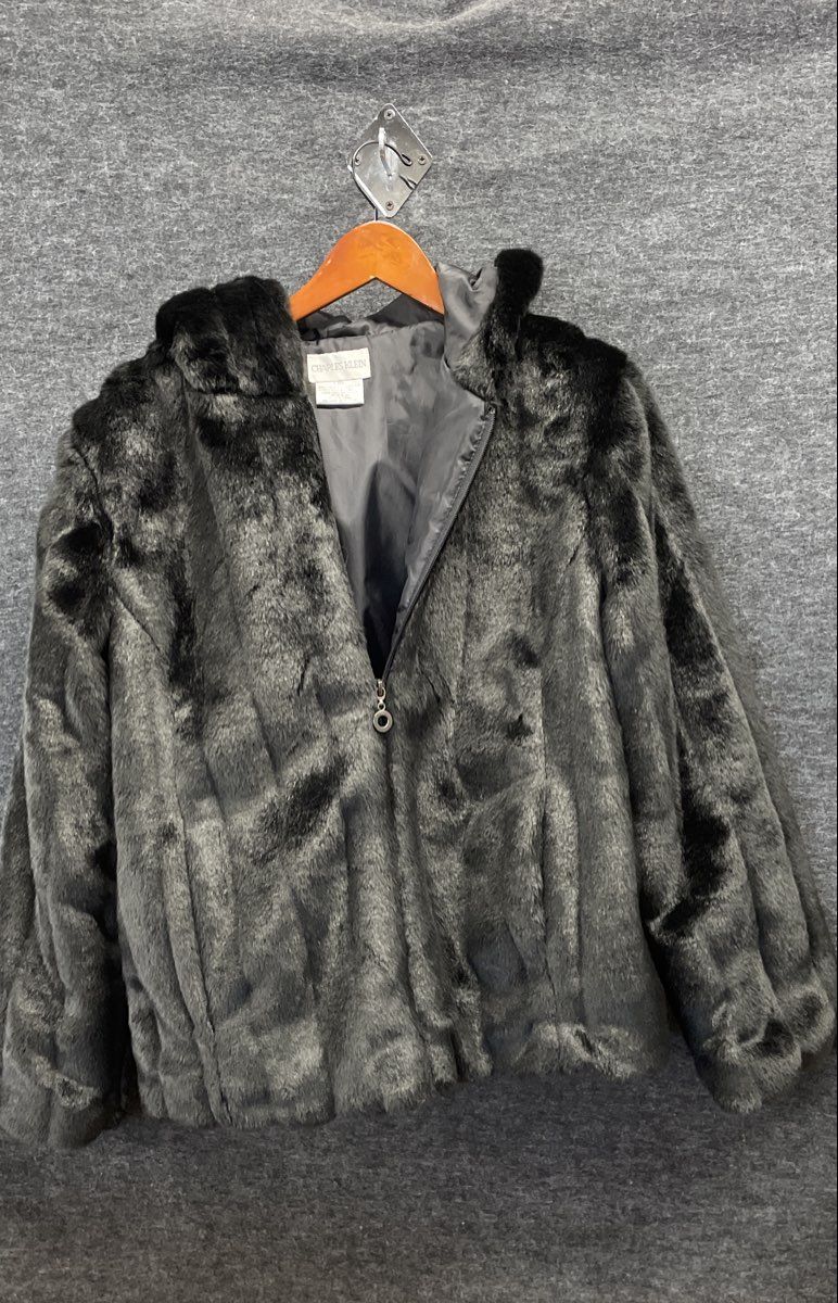 Charles Klein Women's Black Faux Fur Hooded Full Zip Jacket Coat Vintage Sz L
