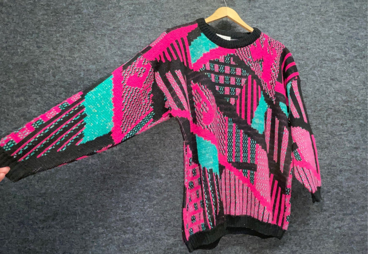 Vintage 80s Studio Graphics Women's Abstract Geometric Neon Knit Sweater Sz L