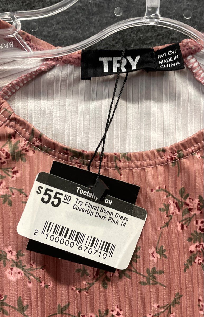 TRY Women's Pink Floral Ribbed Swim Dress CoverUp Long Sleeve NWT Sz 14