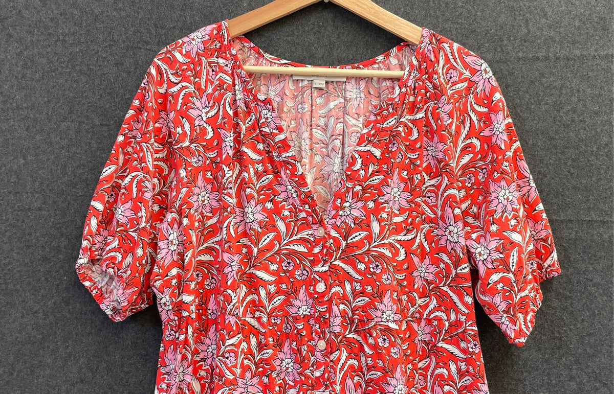 LOFT Women's Red Floral Button Up Tiered Ruffled Hem Midi Dress Sz L