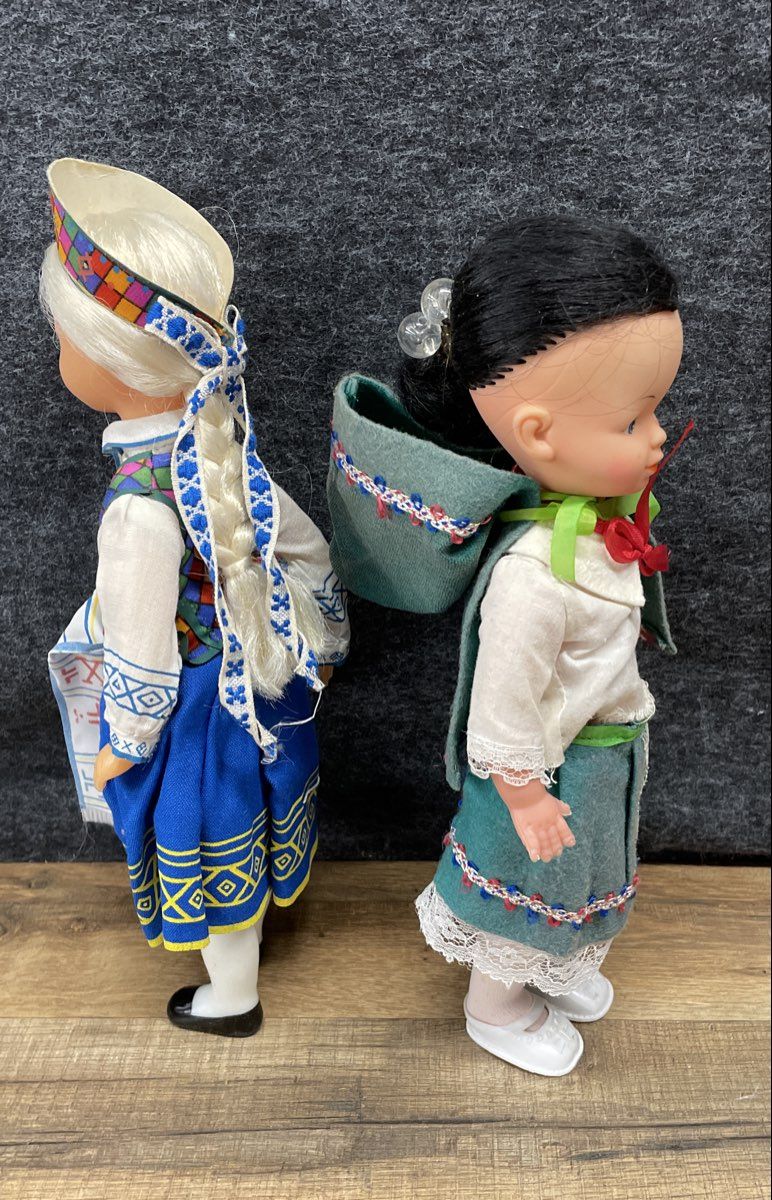 Lot of 2 Vintage Hard Plastic Dolls International Folk Costume Collectible