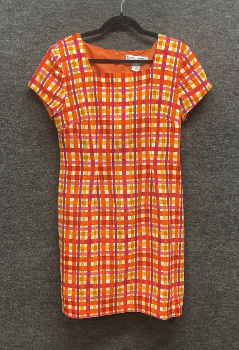 Jessica Howard Women's Vintage 90s Orange Plaid Cotton Sheath Dress Sz 10