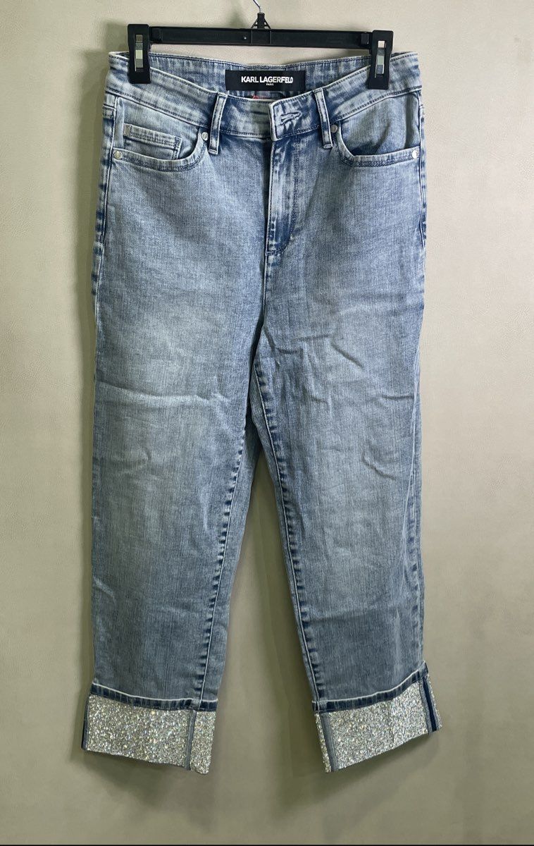 Karl Lagerfeld Women's Light Wash Rhinestone Cuff Cropped High Rise Jeans Sz 4