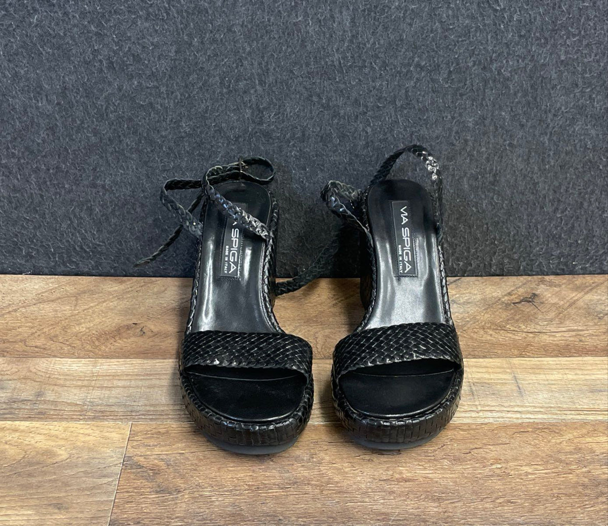 Via Spiga Black Woven Leather Ankle Strap Platform Wedge Sandals Size 8.5 M