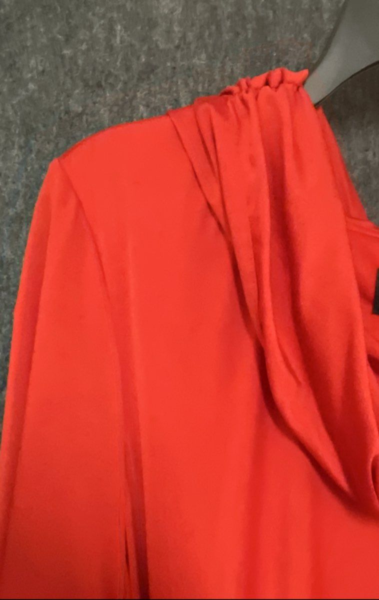 Ashro Women's Red Ruched Cowl Neck Evening Dress Long Sleeve Rhinestone Pin Sz L