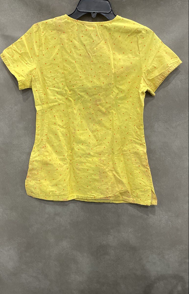 Hello Kitty and Friends Women's Scrub Top Yellow Rainbow Character Graphic Sz S
