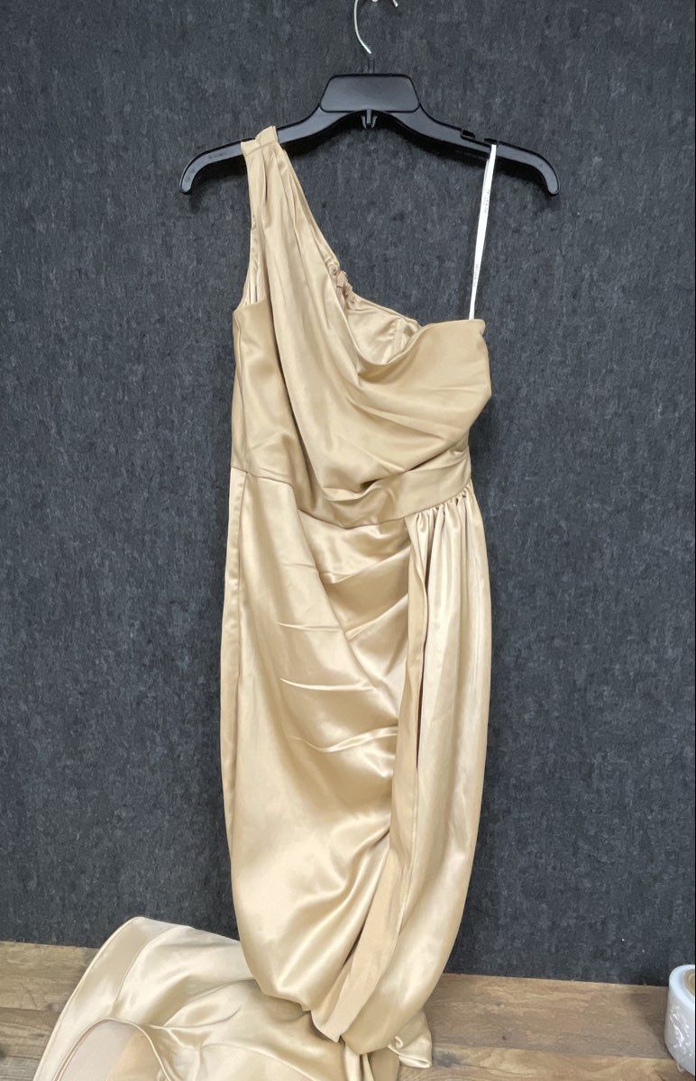 Galina Signature Women's One Shoulder Satin Gown Champagne Ruched Sz 10