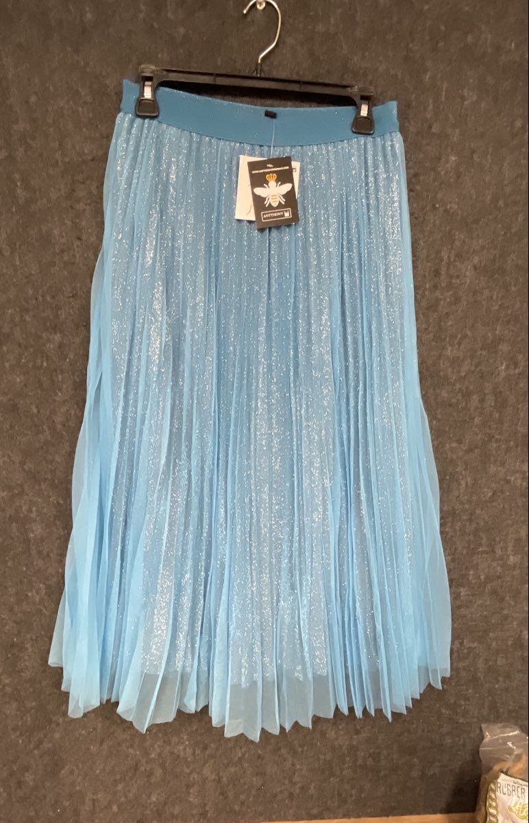 Antthony Women's Blue Pleated Glitter Metallic Tulle Midi Skirt Size M NWT