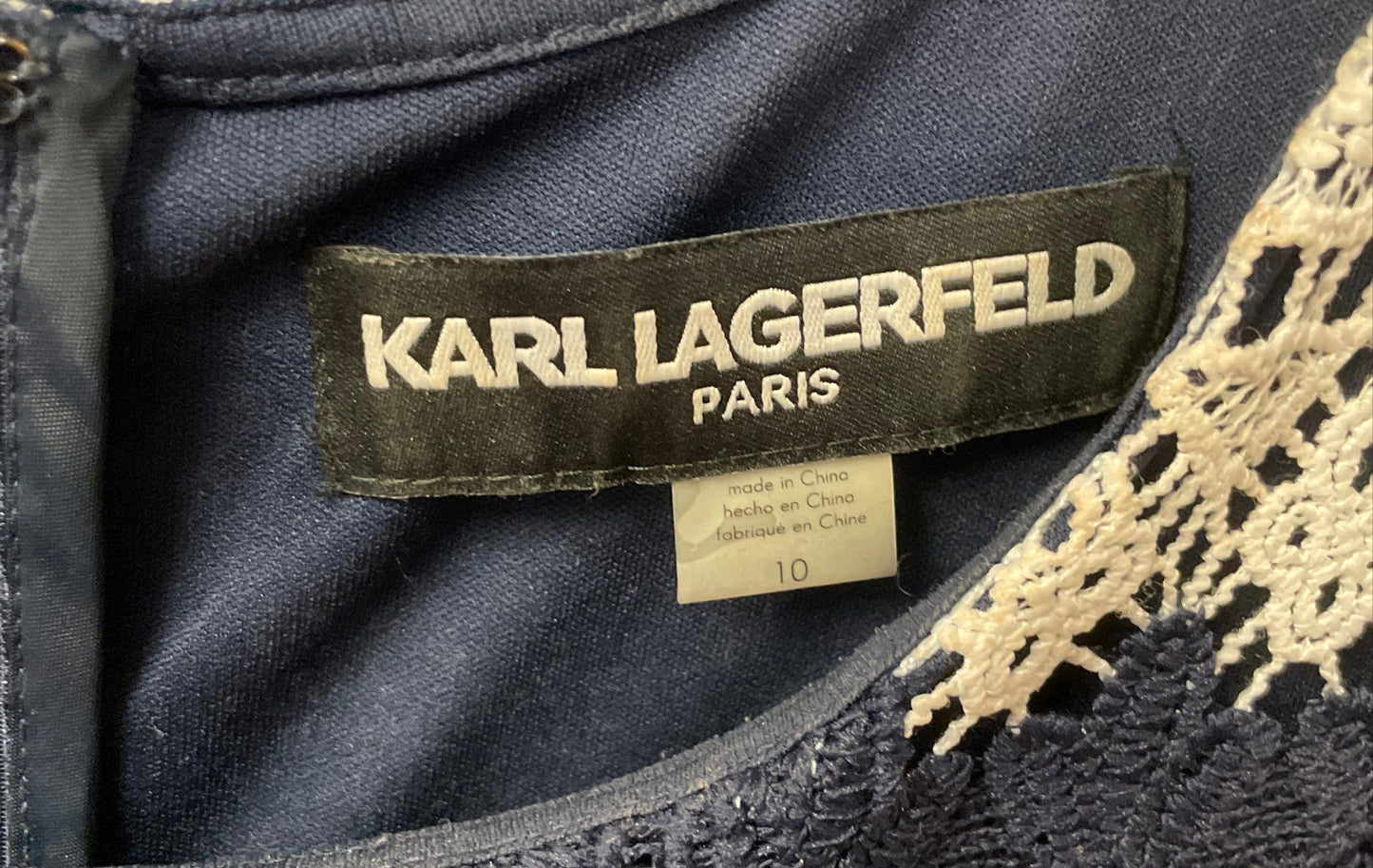 Karl Lagerfeld Paris Women's Navy Blue White Striped Lace Crochet Dress Sz 10