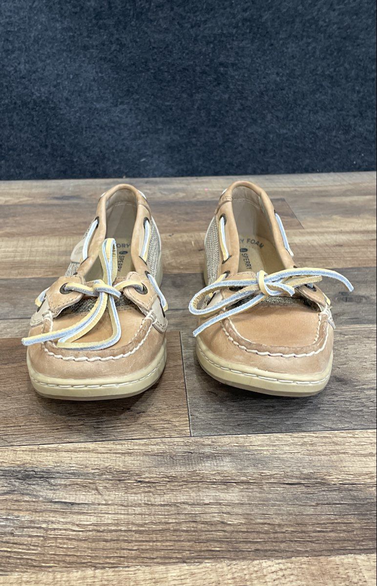 Sperry Angelfish Tan Linen Leather Boat Shoes Women's Size 6.5