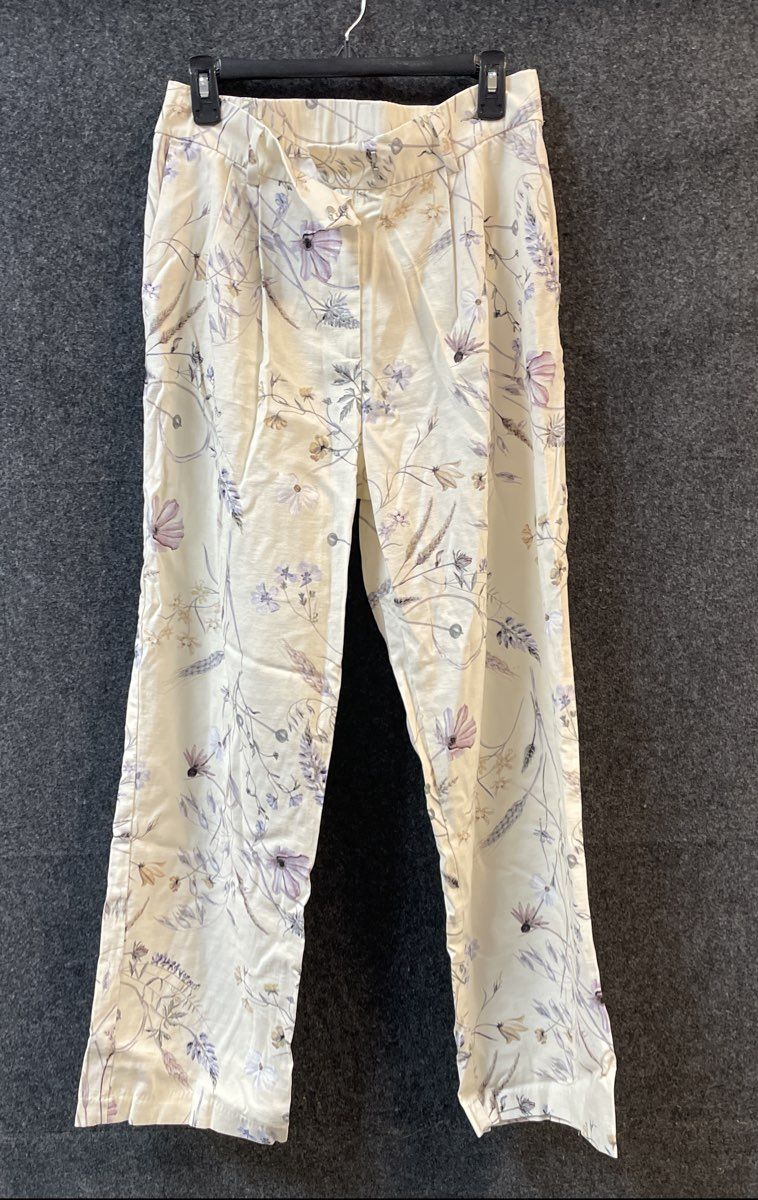 H&M Women's Floral Linen Blend Tapered Tie Waist Pleated Pants Cream Sz 12