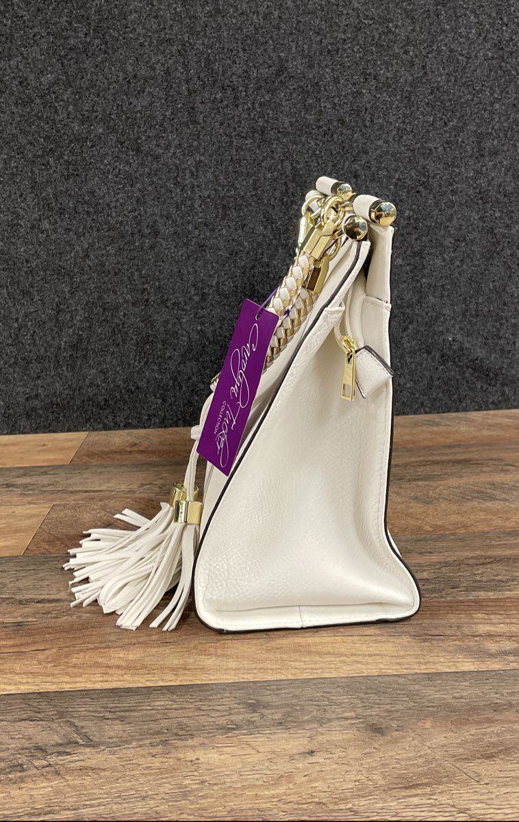 Carolyn Tucker White Pebbled Satchel Shoulder Bag Braided Handle Tassels NWT