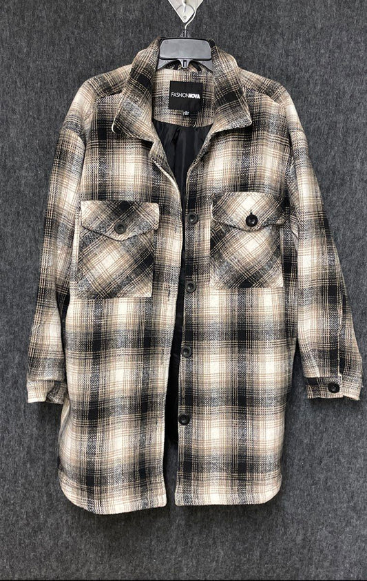 Fashion Nova Women's Black Tan Plaid Button Front Lined Shacket Sz 1X