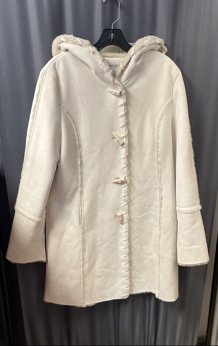Coldwater Creek Women's White Faux Shearling Hooded Toggle Coat Sz M