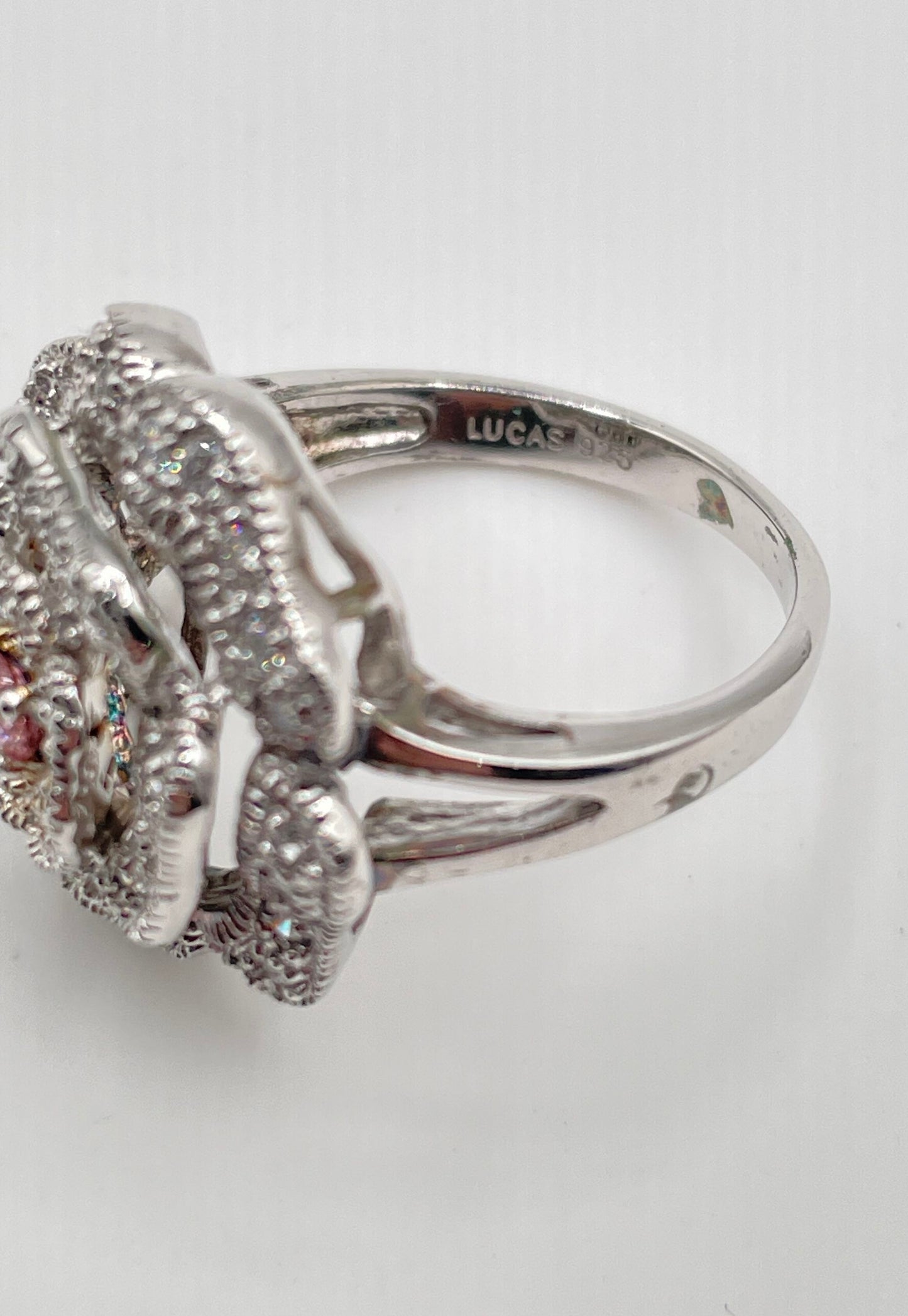 Lucas Lameth 925 Sterling Silver Clear & Pink CZ Flower Ring 7.3g