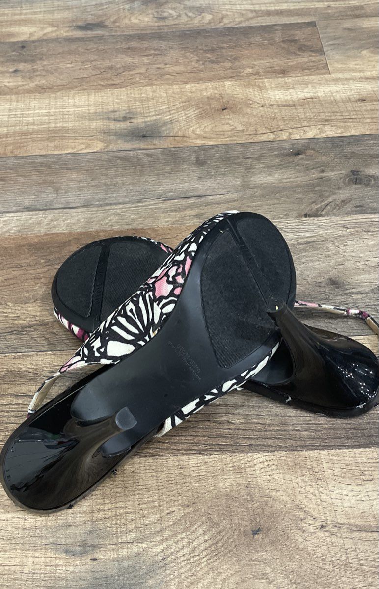 Nine West Lambert White Black Floral Peep Toe Slingback Heels Women's Size 8.5