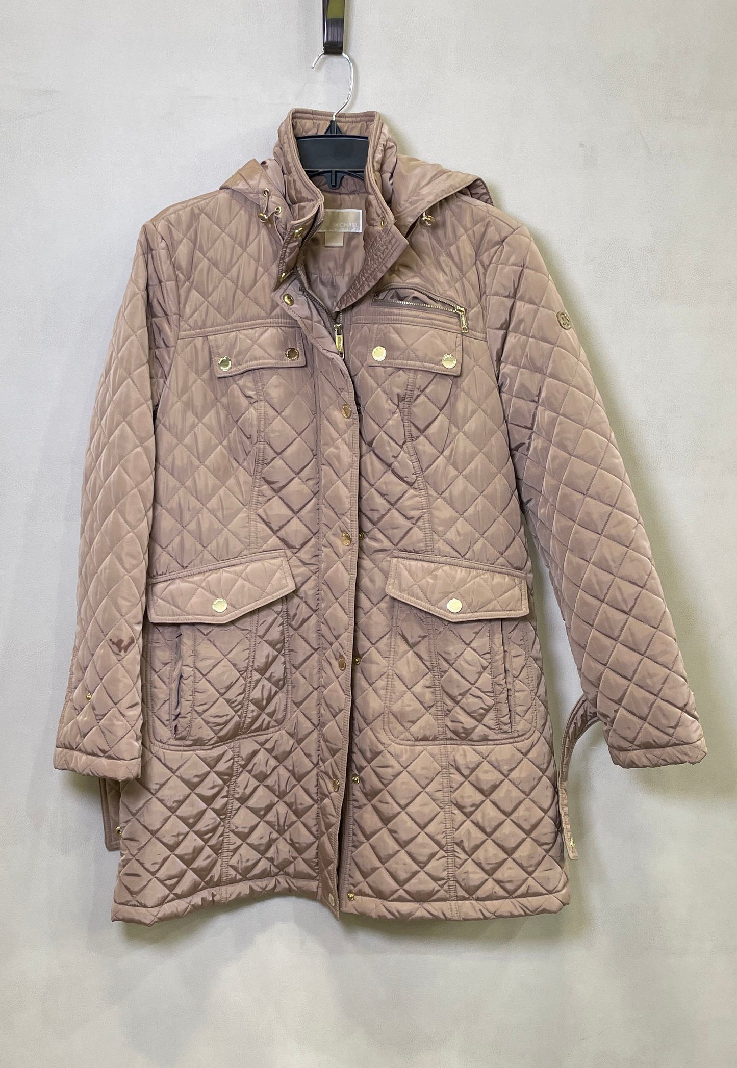 Michael Kors Women's Quilted Jacket Taupe Tan Belted Hooded Gold Hardware Sz L