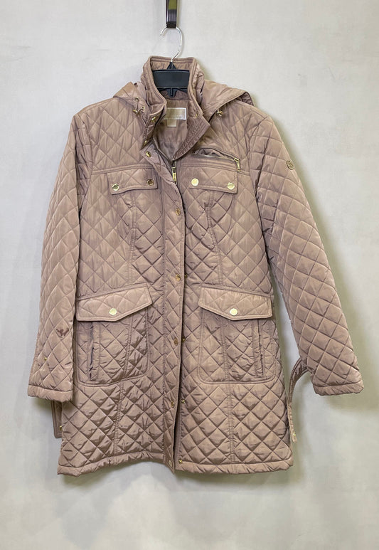 Michael Kors Women's Quilted Jacket Taupe Tan Belted Hooded Gold Hardware Sz L