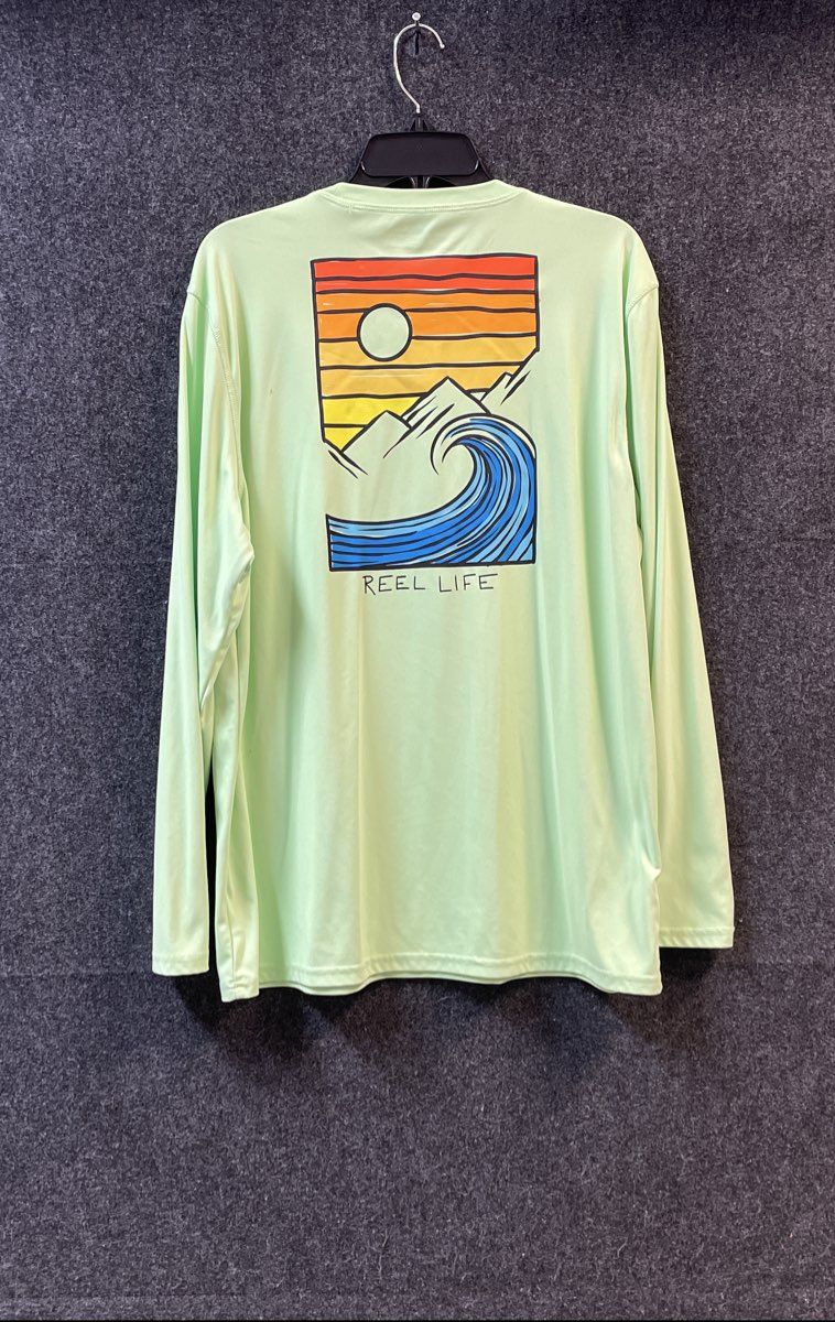 Reel Life Men's Green Long Sleeve Wave Graphic Performance Sun Shirt Sz XL