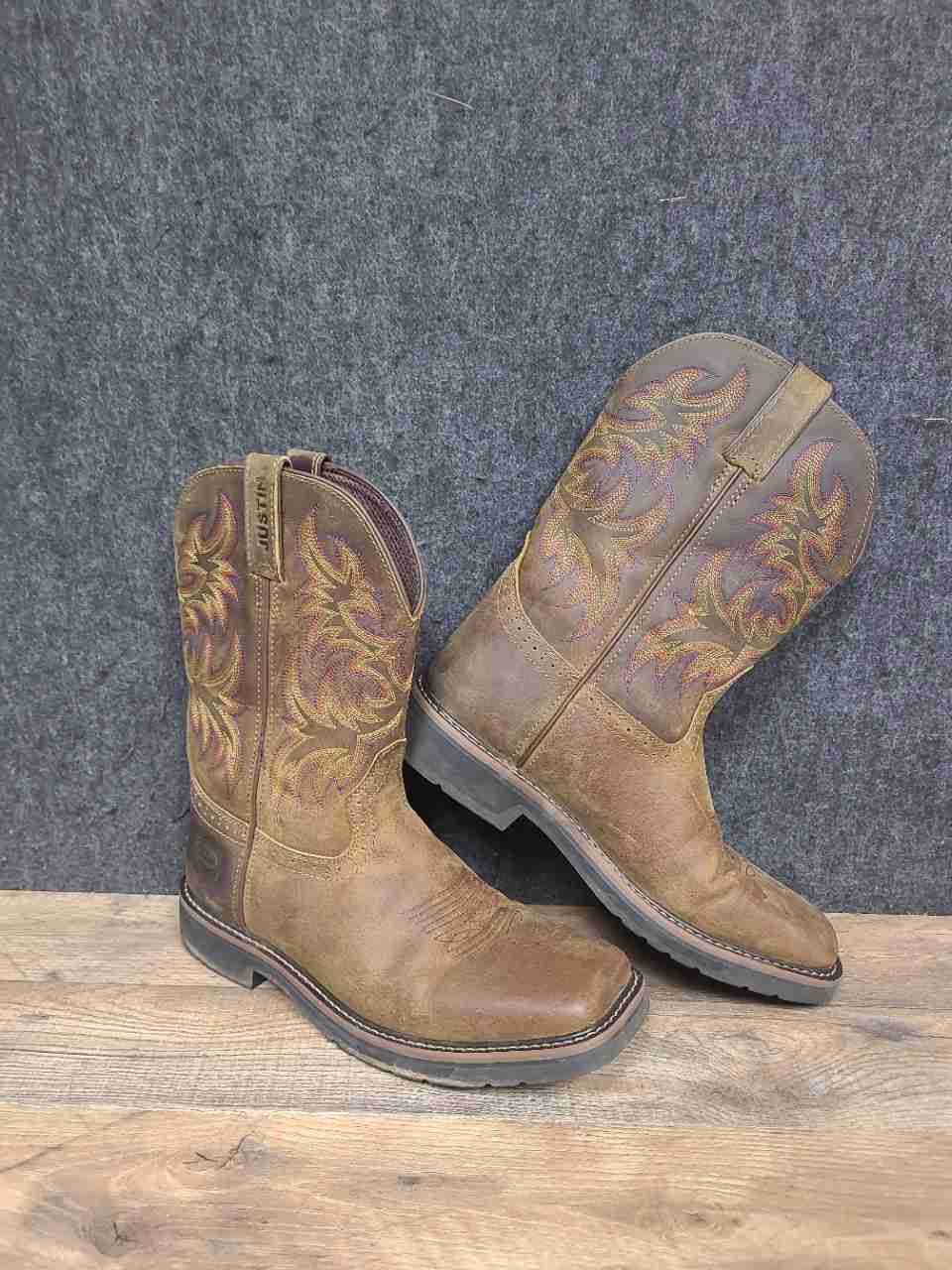 Justin Stampede Driller SE4681 Brown Leather Square Toe Work Boots Size 10.5 EE