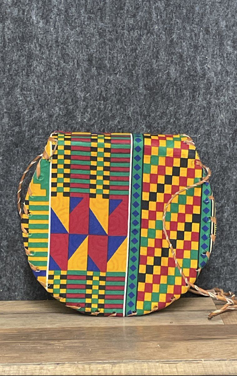 Handmade Circular Crossbody Bag Multicolor Geometric Print Folk Art 8.5 inch