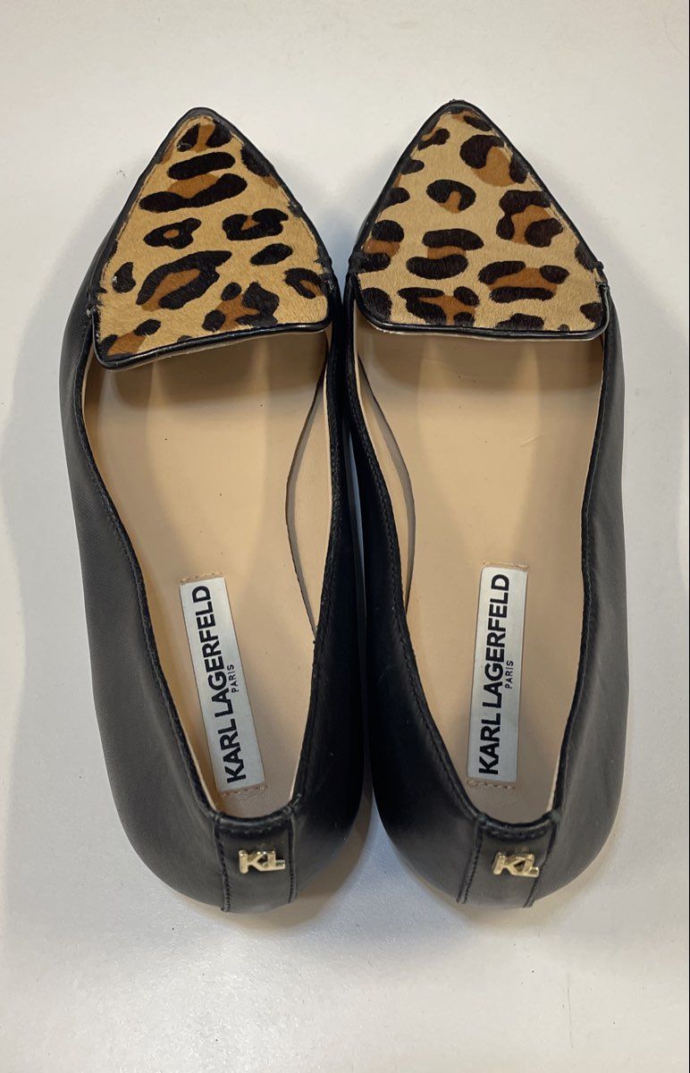 Karl Lagerfeld Paris Leopard Print Calf Hair Pointed Toe Leather Flats Size 8