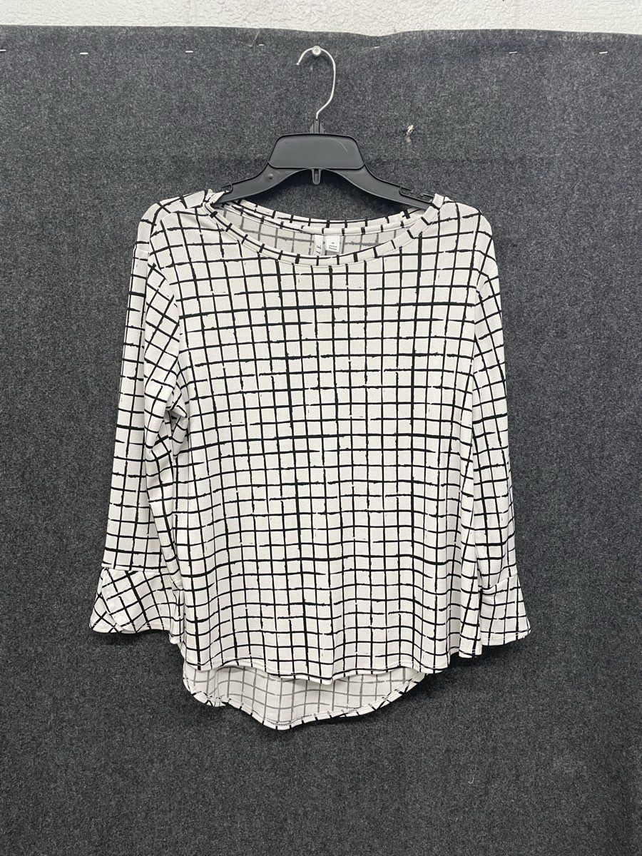 Elle Women's White Black Grid Pattern Bell Sleeve High Low Hem Blouse Sz M