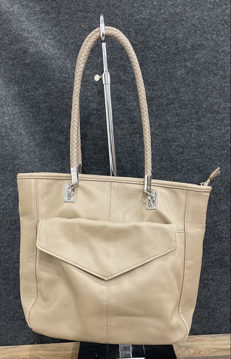 Taupe Grey Pebbled Leather Tote Shoulder Bag Braided Handles Silver Hardware