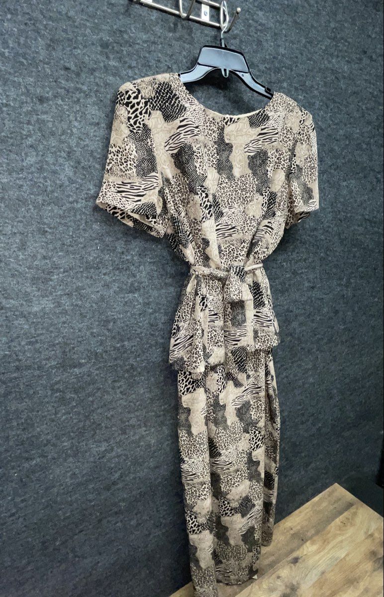 Vintage 90s Mixed Animal Print Peplum Maxi Dress Short Sleeve Back Slit Sz M