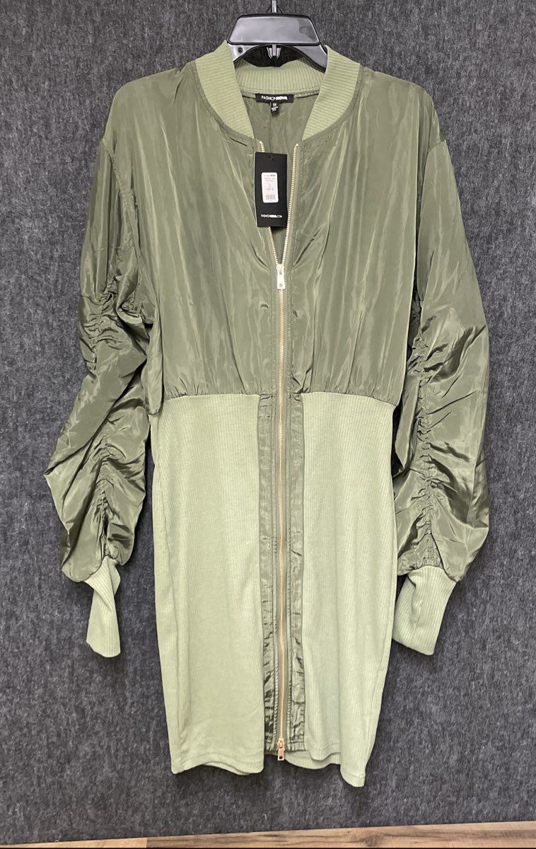 Fashion Nova Women's Olive Downtown Bomber Mini Dress Full Zip Ruched Sz 1X NWT