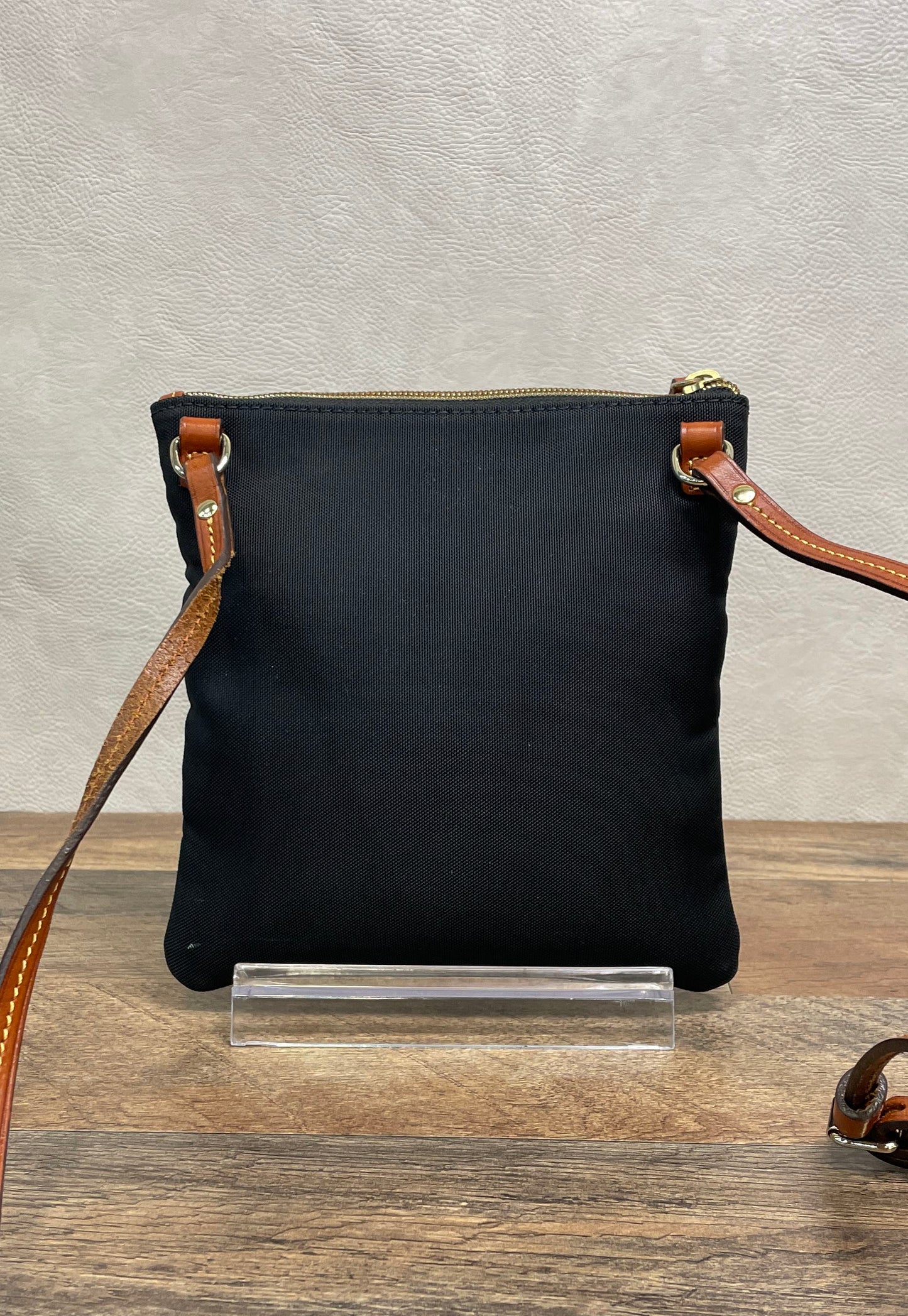 Dooney & Bourke Black Canvas Triple Zip Crossbody Bag Brown Leather Trim