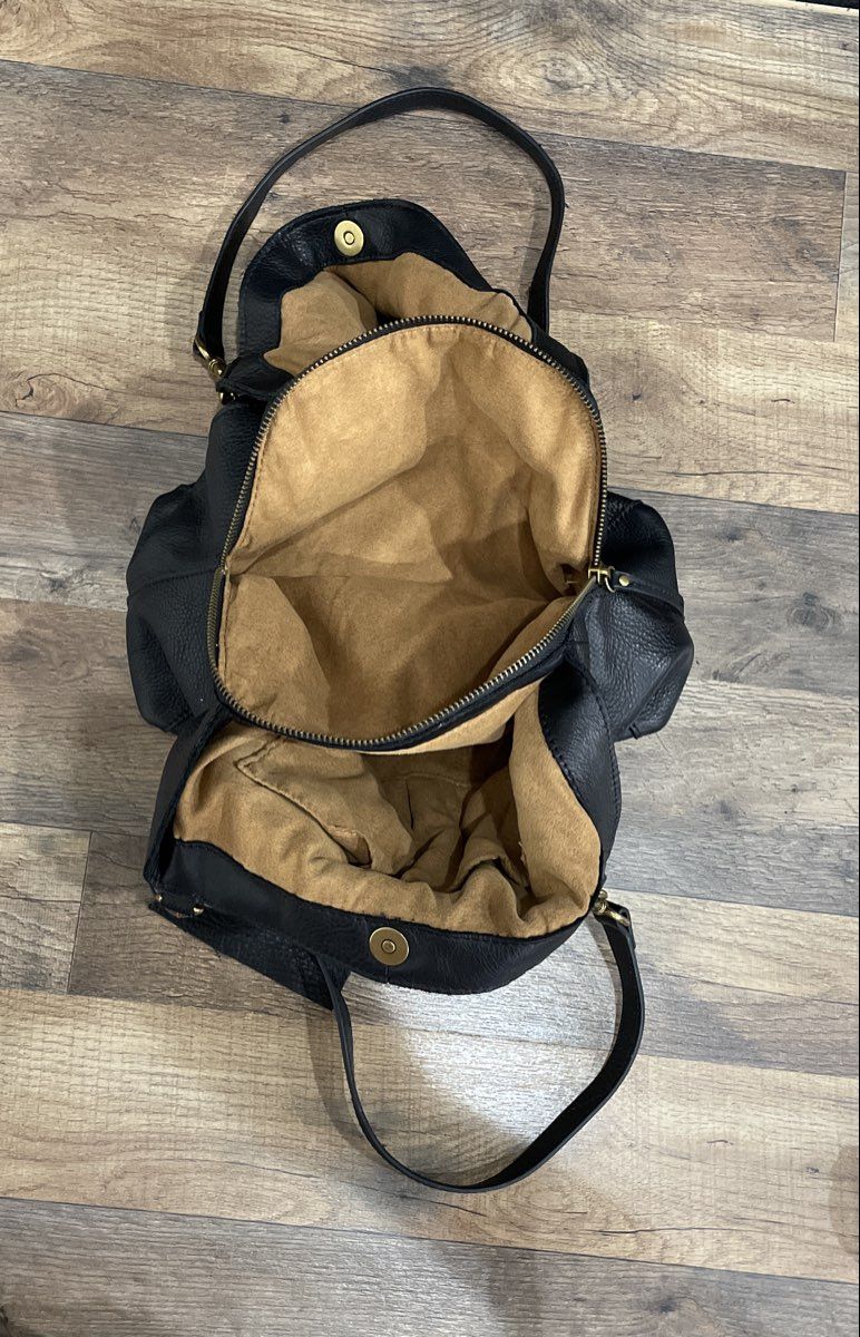 American Leather Co Black Pebbled Leather Triple Entry Hobo Shoulder Bag