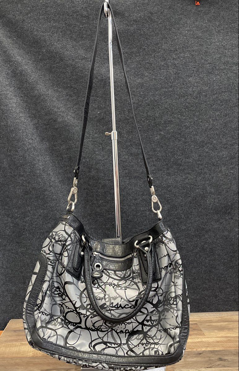 Jessica Simpson Grey Black Graffiti Logo Canvas Hobo Shoulder Bag Silver