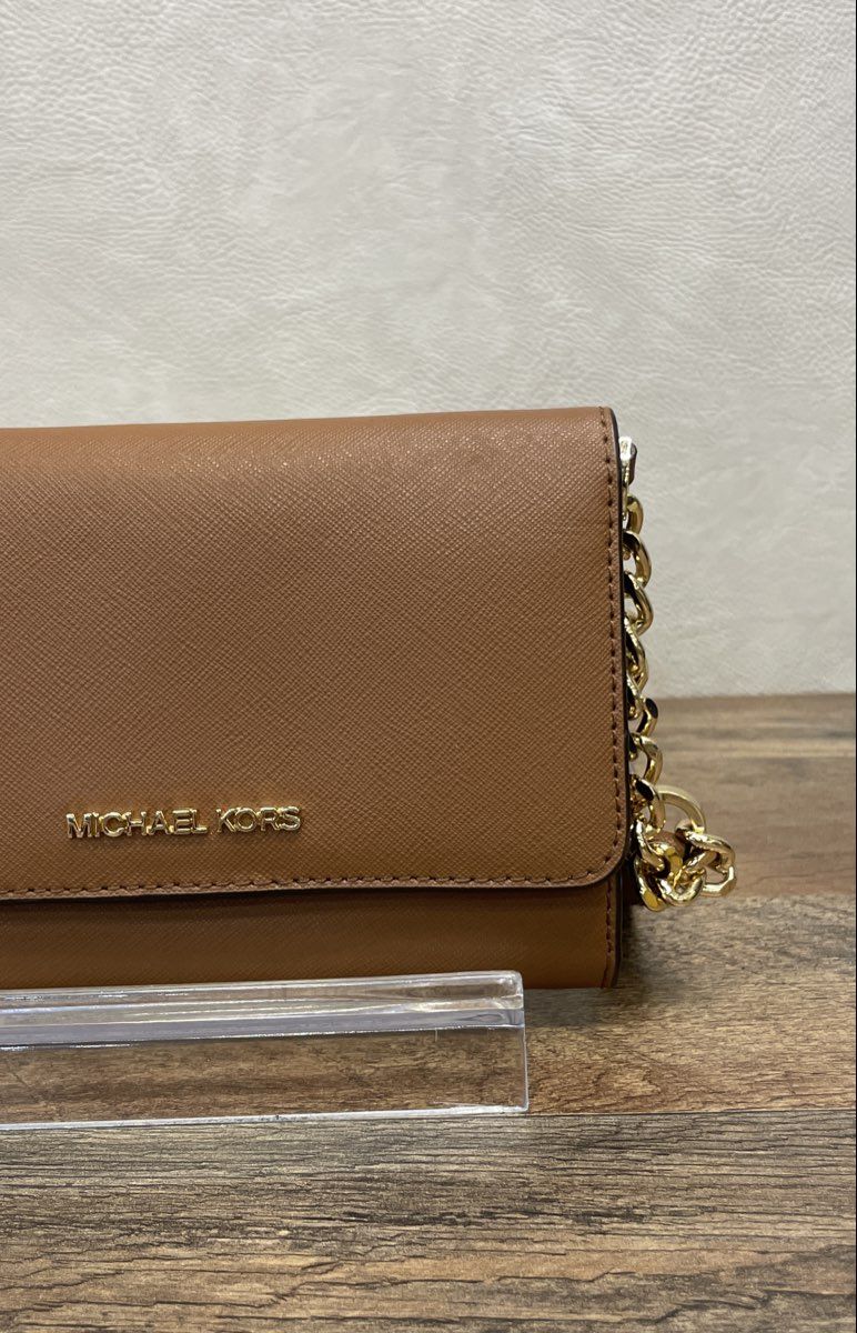 Michael Kors Brown Saffiano Leather Crossbody Bag Gold Hardware Wallet on Chain