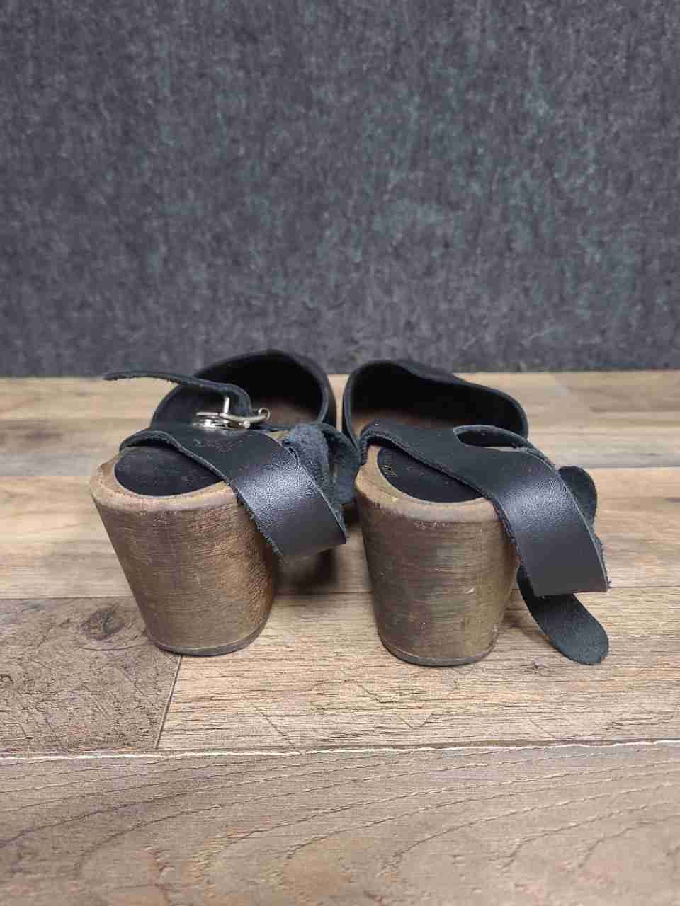 Lotta from Stockholm Highwood Black Leather Slingback Wooden Clogs Size 39