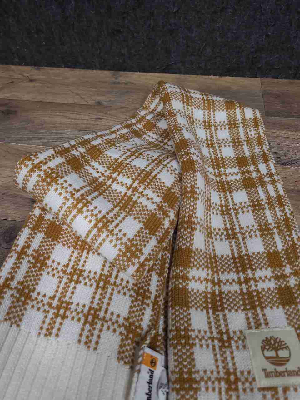 Timberland Unisex Plaid Knit Scarf Mustard White Checkered NWT