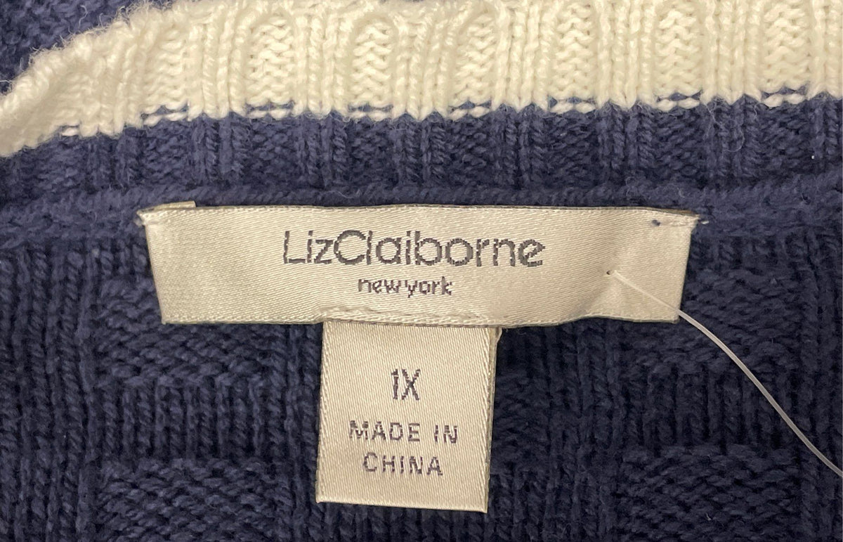 Liz Claiborne Women's V-Neck Sweater Navy Blue Textured Knit White Trim Sz 1X
