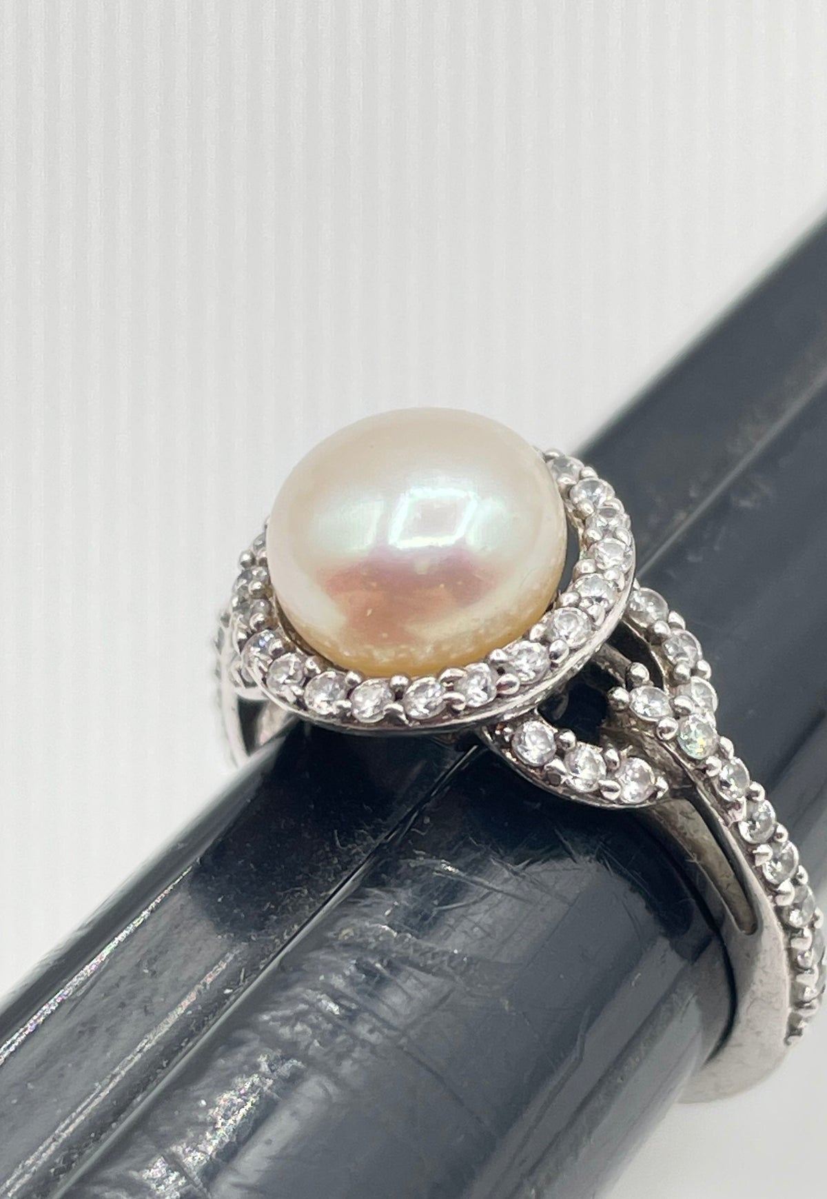 Delmar 925 Sterling Silver White Pearl CZ Halo Accent Ring 3.7g