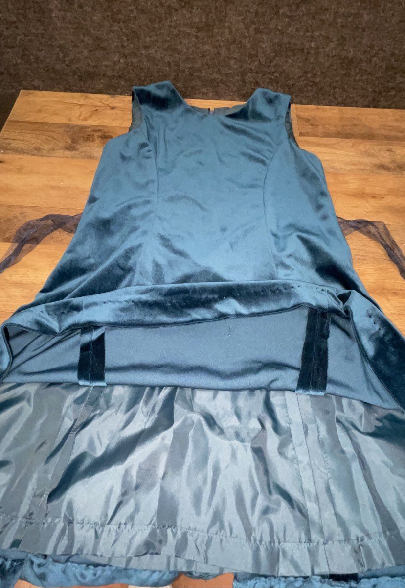 Vintage Y2K Girls Teal Blue Velvet Sleeveless Fit & Flare Dress Tie Waist
