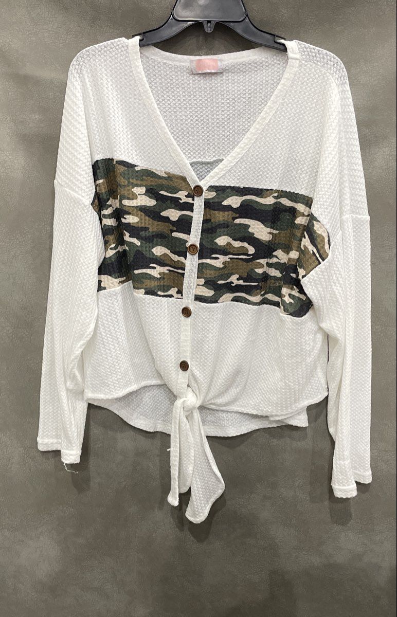 C+D+M Women's White Waffle Knit Camo Stripe Tie Front Button Up Sweater Sz L