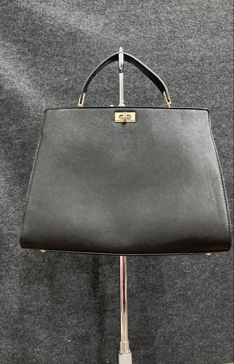 Vanessa Williams Black Saffiano Faux Leather Satchel Bag Gold Tone Hardware