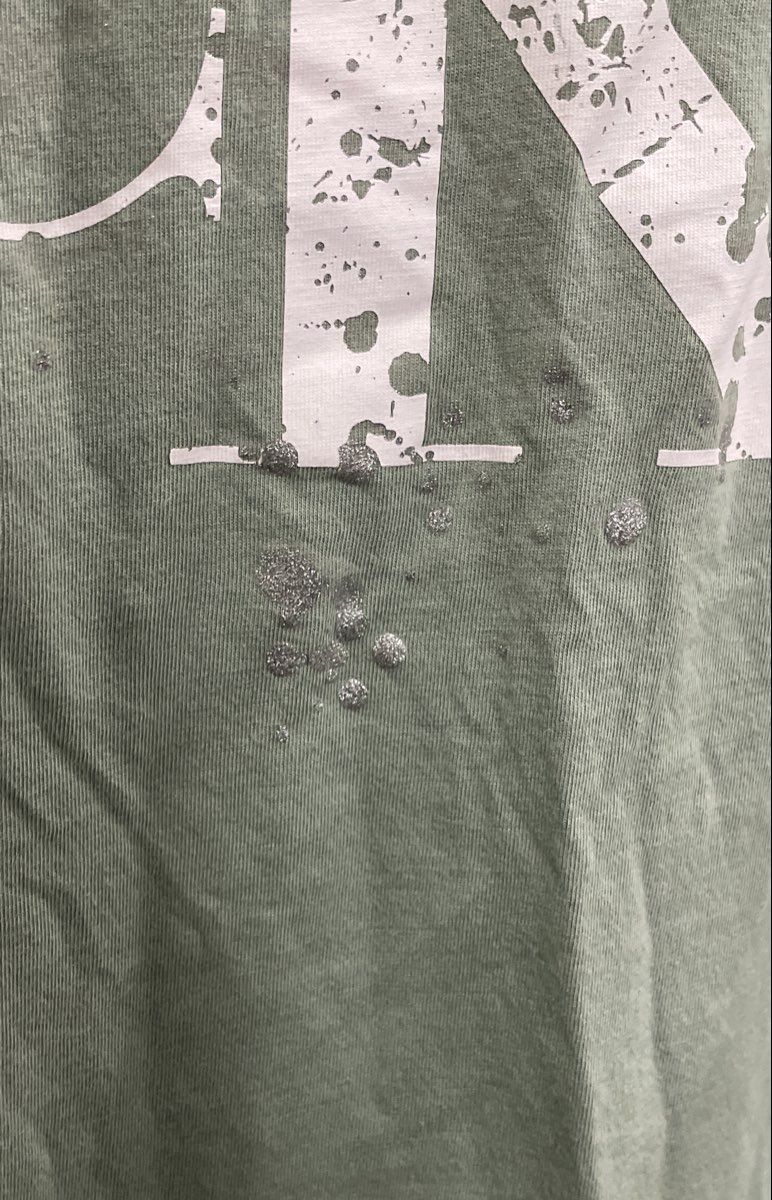 Calvin Klein Jeans Women's Sage Green Distressed Logo Glitter T-Shirt Sz XL