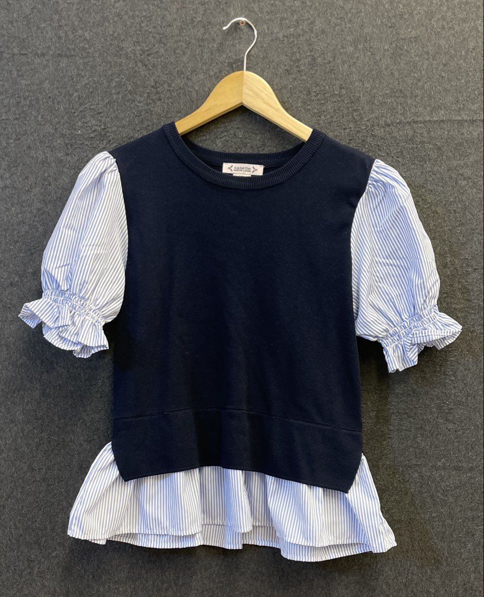 Nanette Lepore Women's Navy Knit Top Striped Puff Sleeve Layered Hem Sz S