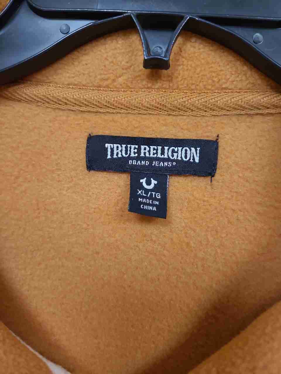 True Religion Men's Zip Up Fleece Jacket Mustard Cream Colorblock Logo Sz XL
